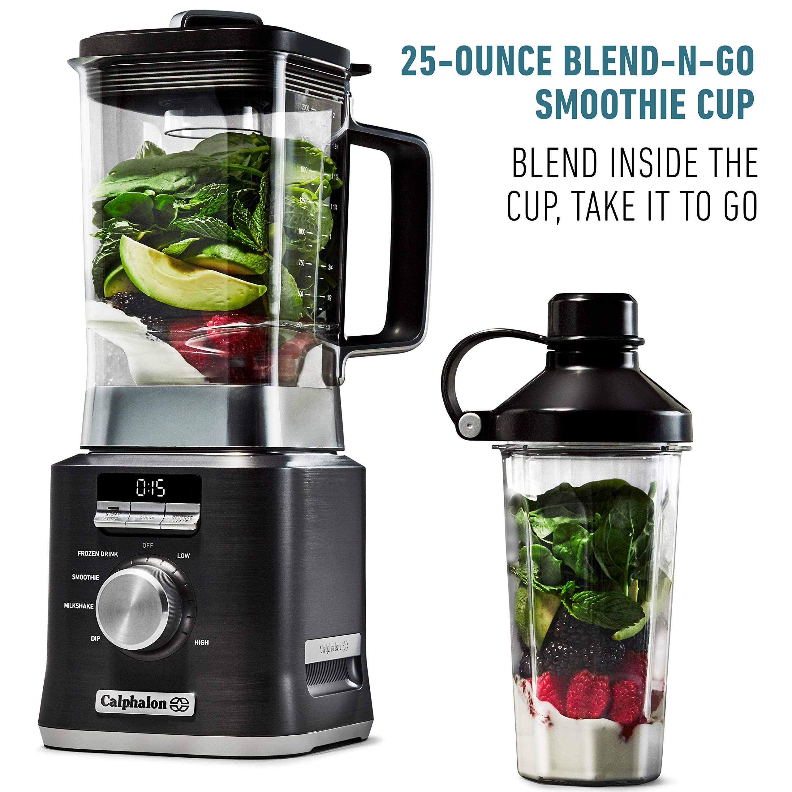 Calphalon Auto-Speed 68 Oz Blender with Blend-N-Go Smoothie Cup and BPA-free Tritan Jar | 1100-Watt Base, Dark Stainless Steel - Image 3
