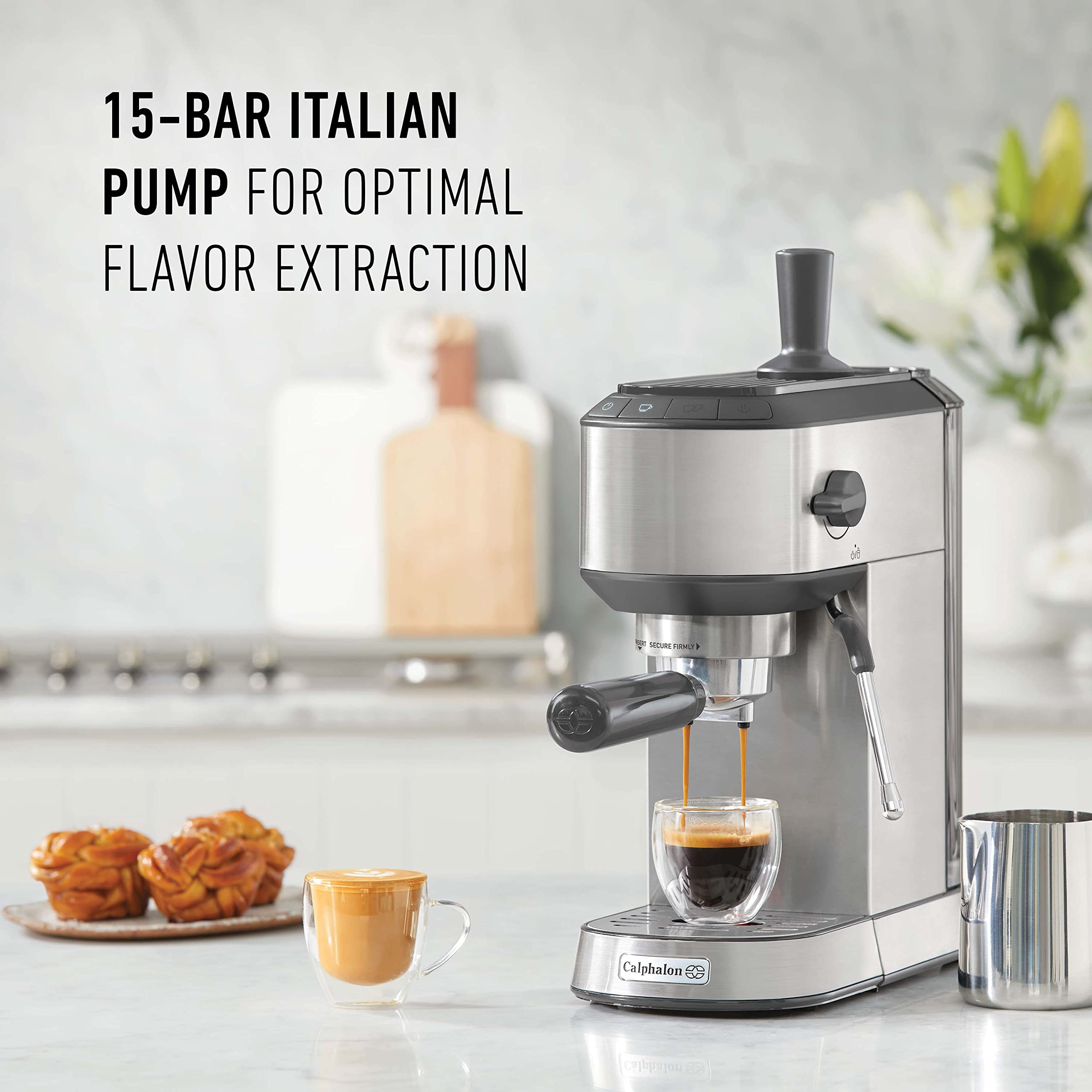 Calphalon Compact Espresso Machine, Home Espresso Machine with Milk Frother, Stainless Steel - Image 4