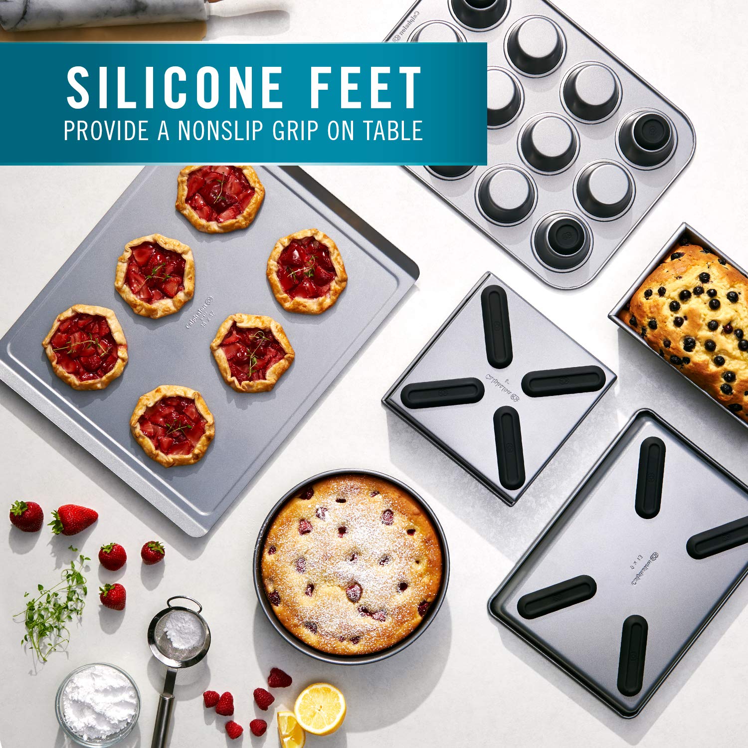 Calphalon Nonstick Bakeware Set, 6-Piece Set Includes Cookie Sheet, Cake, Brownie, Loaf, and Muffin Pans, Dishwasher Safe, Silver - Image 3