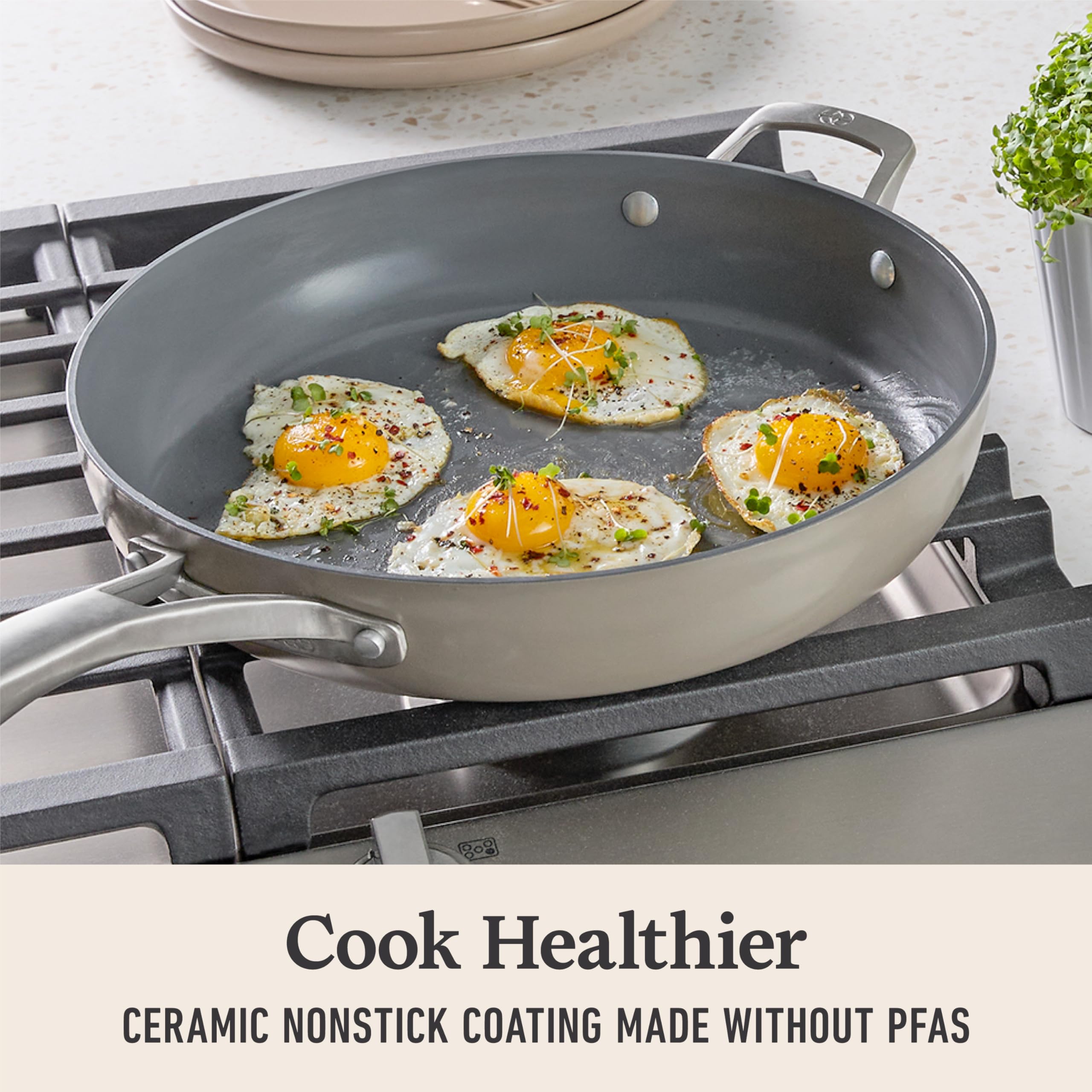 Calphalon® Premier Ceramic Nonstick 12" Frying Pan with Lid, Mushroom Grey - Image 5